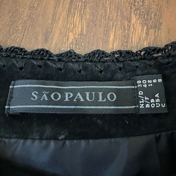 SAO PAULO Suede Midi Skirt Black Crochet Trim Retro Gothic 90s - Picture 8 of 11